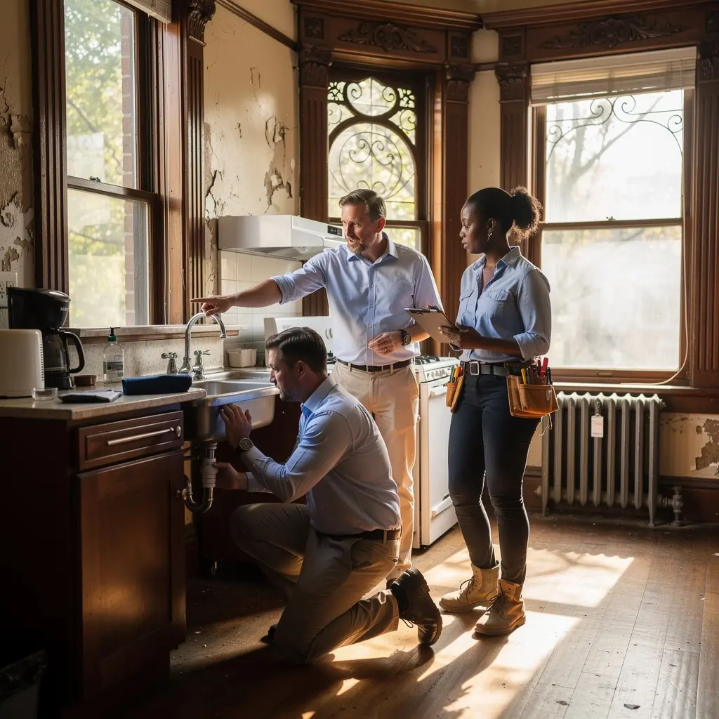 Grupa osób podczas wizyty w domu, omawiająca szczegóły zakupu nieruchomości.