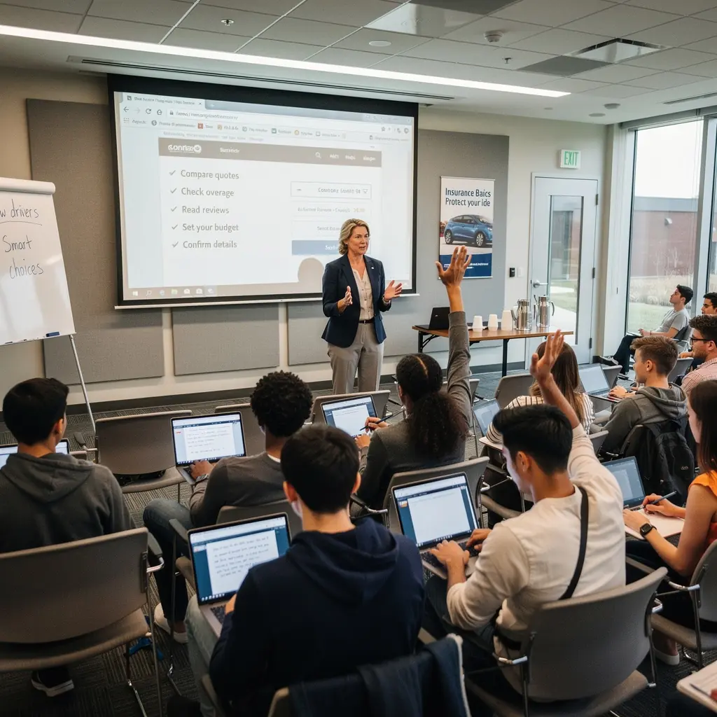 Grafika przedstawiająca różne opcje ubezpieczenia samochodowego na ekranie komputera.