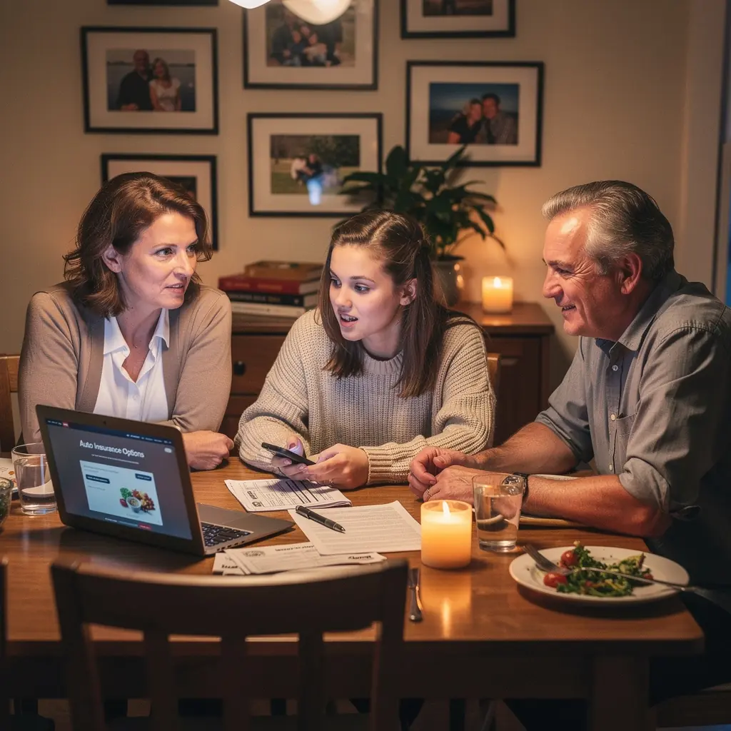 Młody kierowca rozmawiający z doradcą ubezpieczeniowym przy stole.