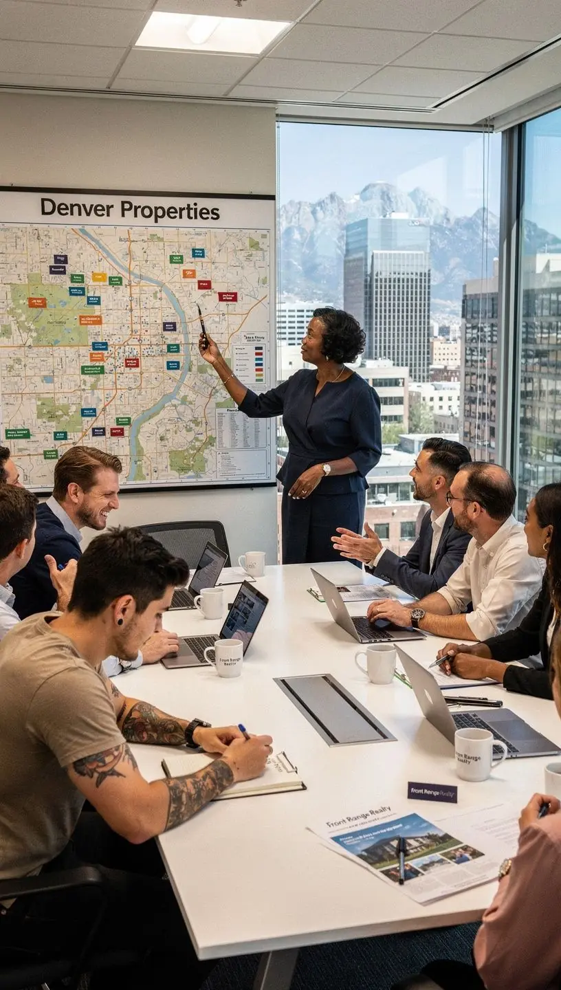 Grupa osób przeglądających dokumenty dotyczące wynajmu historycznych domów.