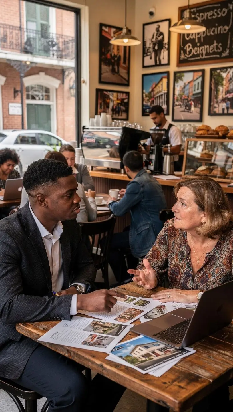 Zdjęcie biura z planem wycieczki po nieruchomościach, z mapą i notatkami na stole.